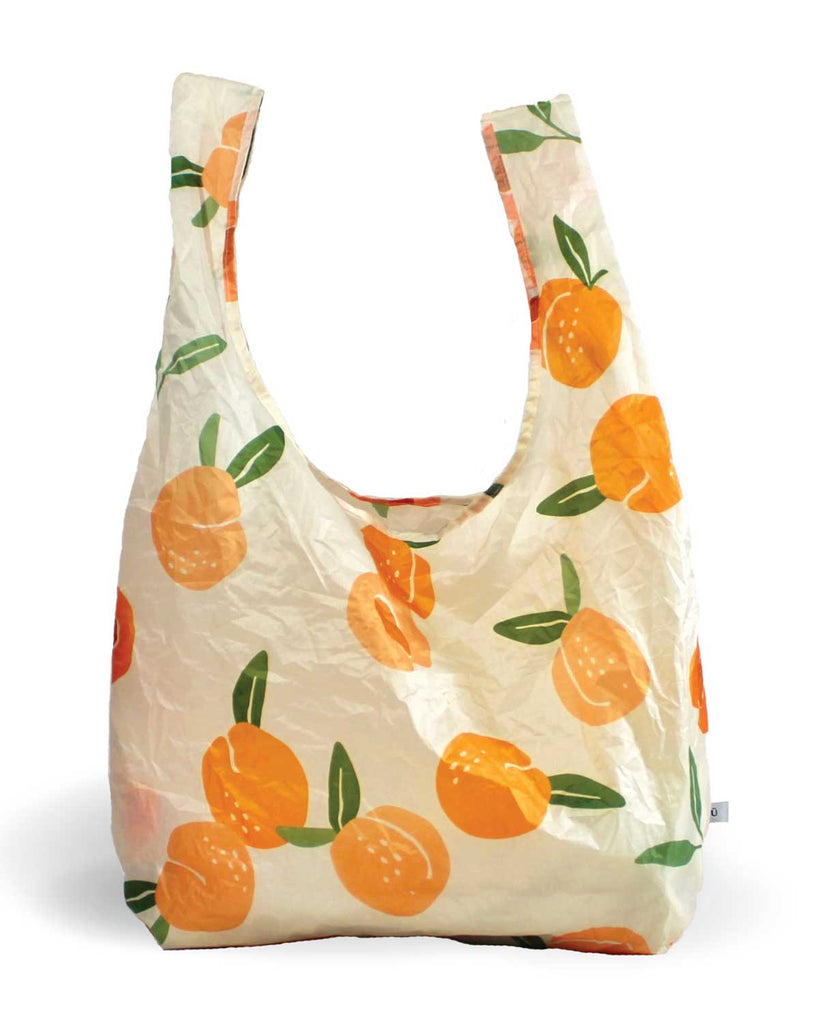 peach print packable tote bag